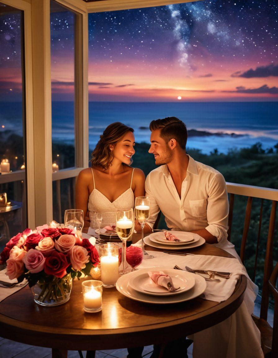 A romantic candlelit setting with a couple sharing an intimate moment, surrounded by soft roses and flickering candlelight that enhances the warmth of their connection. The background features a night sky sprinkled with stars, symbolizing endless possibilities in romance. The table is adorned with a beautiful dinner setup, complete with elegant glassware and delicious desserts, creating an inviting atmosphere. oil painting. vibrant colors. soft lighting.