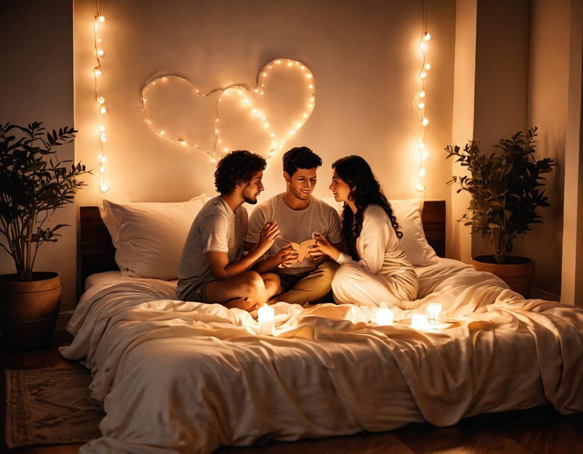 A serene, warm-toned scene featuring a couple sharing a heartfelt moment, surrounded by elements symbolizing intimacy like intertwined hands, glowing heart shapes, and soft, ambient light. Include cozy textures like blankets and pillows to evoke a sense of comfort and closeness. The background should be a softly blurred, intimate setting such as a dimly lit living room or a peaceful garden. super-realistic. warm colors. soft focus.