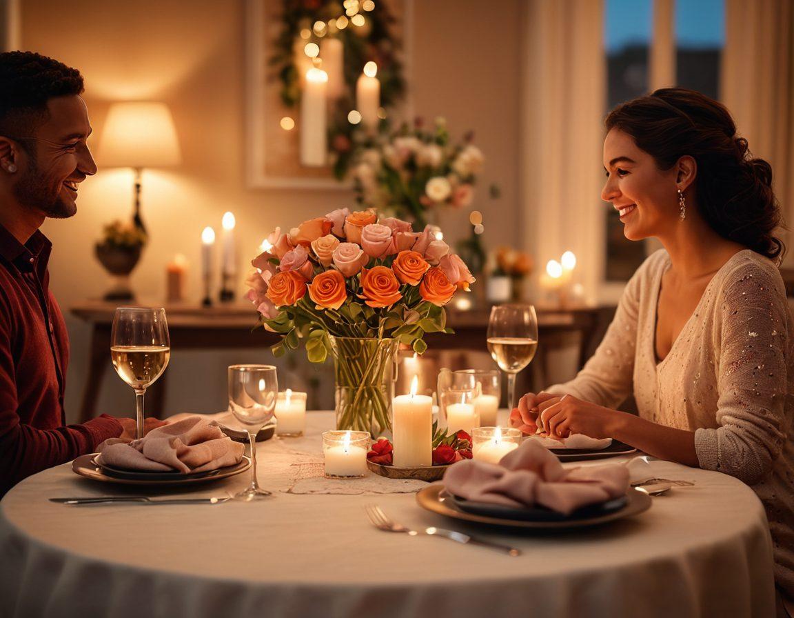 A cozy, candle-lit dinner setting with a beautifully set table for two adorned with flowers and soft, warm lighting. In the background, a couple sharing a laugh over a glass of wine, showcasing love and intimacy. Emphasize romantic elements like heart-shaped decorations and soft textiles. super-realistic. warm tones. bokeh effect.